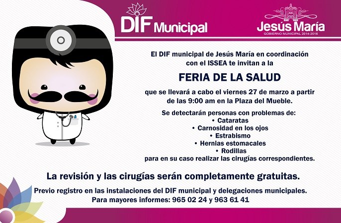 ¡Habrá Feria de la Salud en la Plaza Principal de Jesús María este viernes!