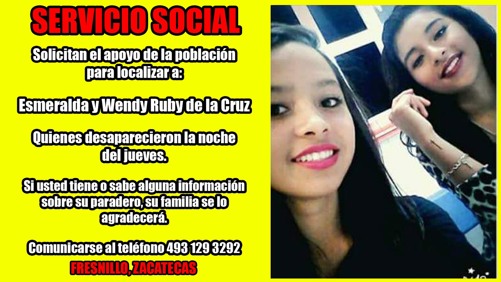 ¡Servicio Social para localizar a dos jovencitas de Fresnillo, Zacatecas!