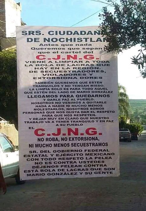 ¡El CJNG llegó a “limpiar” Nochistlán, Zacatecas, de las lacras, anuncia en narco-manta!