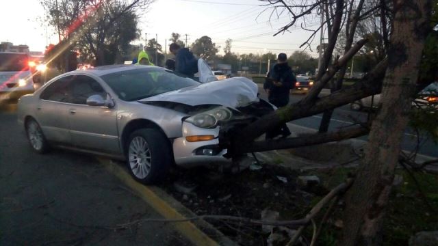 ¡Joven lesionado tras estrellar su auto contra una macetera de concreto y un árbol en Aguascalientes!